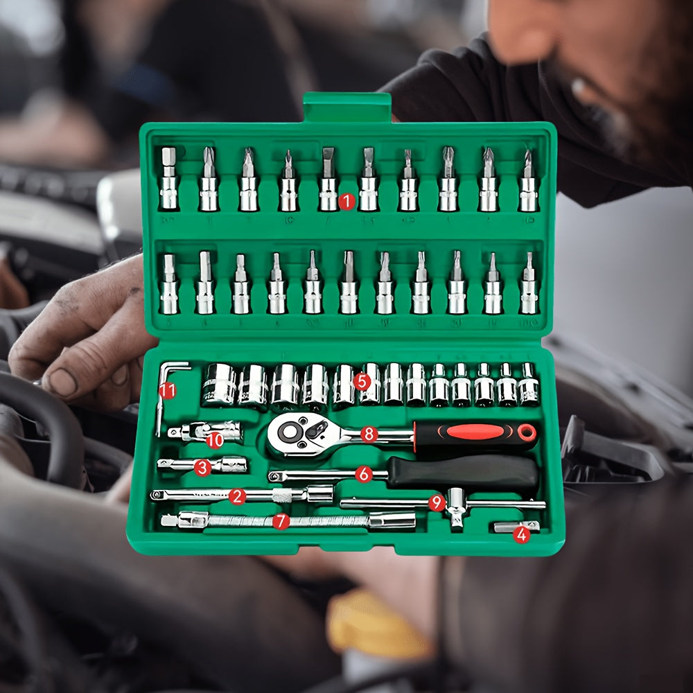 46-piece professional wheel tool set for advanced car repair, made of chrome vanadium steel. Includes quick wheel nut wrench, torque wrench, screwdriver, and portable green toolbox. Ideal