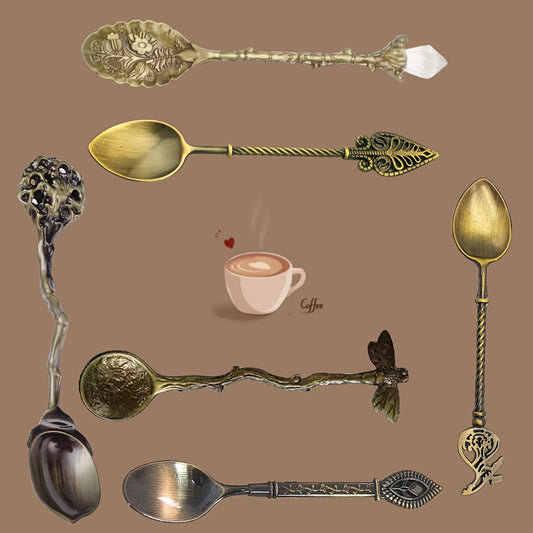 6-piece European palace style metal spoon set for coffee, dessert, and mixing, perfect for home kitchens, restaurants, coffee shops, and hotels. Ideal for gifting during Christmas.