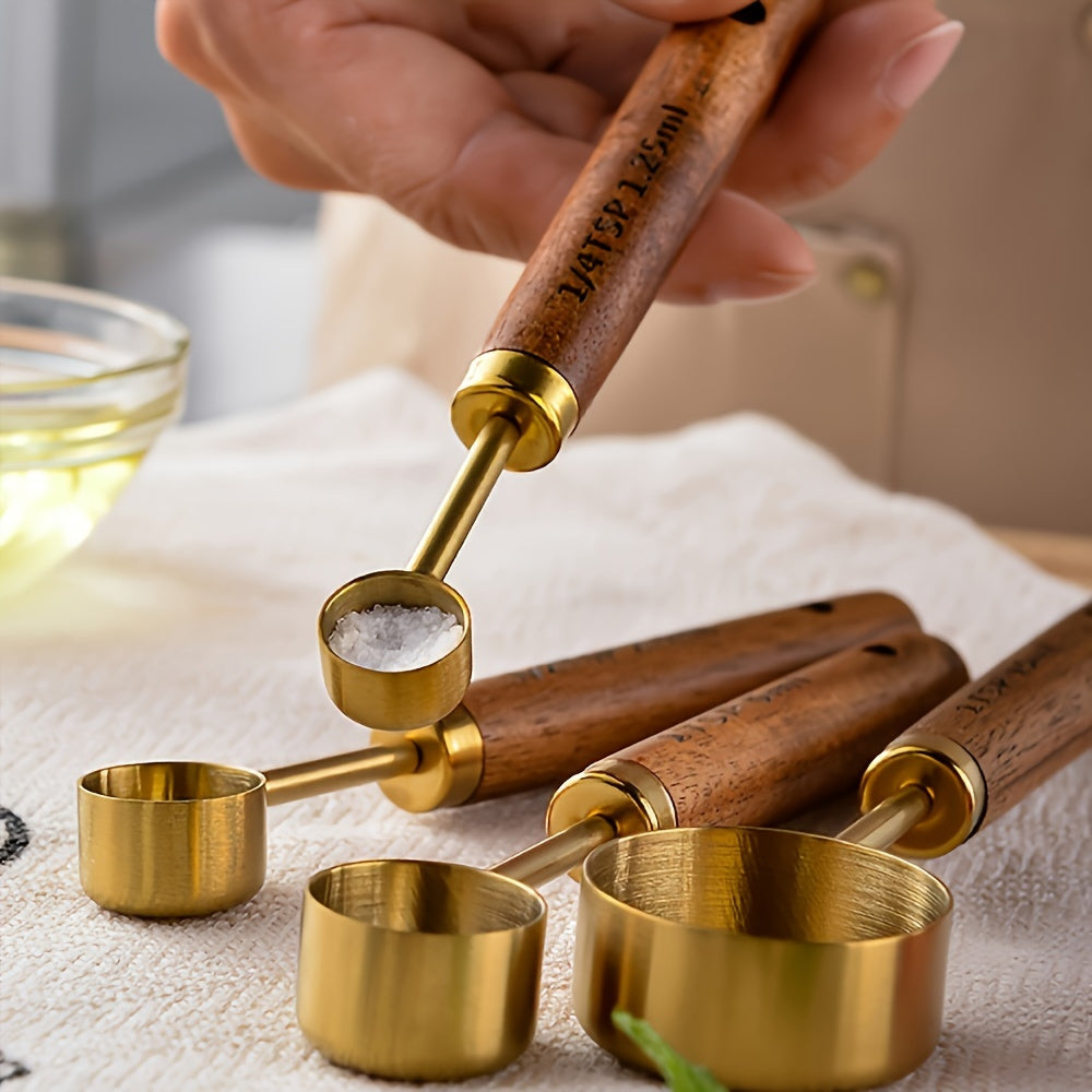 Set of 8 Golden Stainless Steel Measuring Cups and Spoons with Wooden Handles - Ideal for Cooking, Baking, and Kitchen Needs