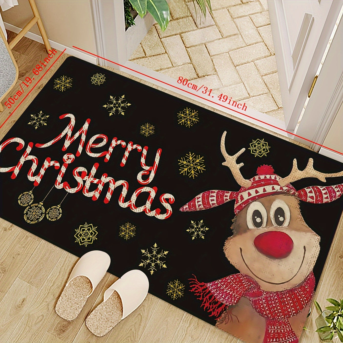 Reindeer-themed Merry Christmas Doormat, Durable Indoor/Outdoor Welcome Mat with Stain-Resistant Low Pile, Easy-to-Clean Machine Washable Polyester Material, Rectangle Shape for Holiday Entrance Decoration