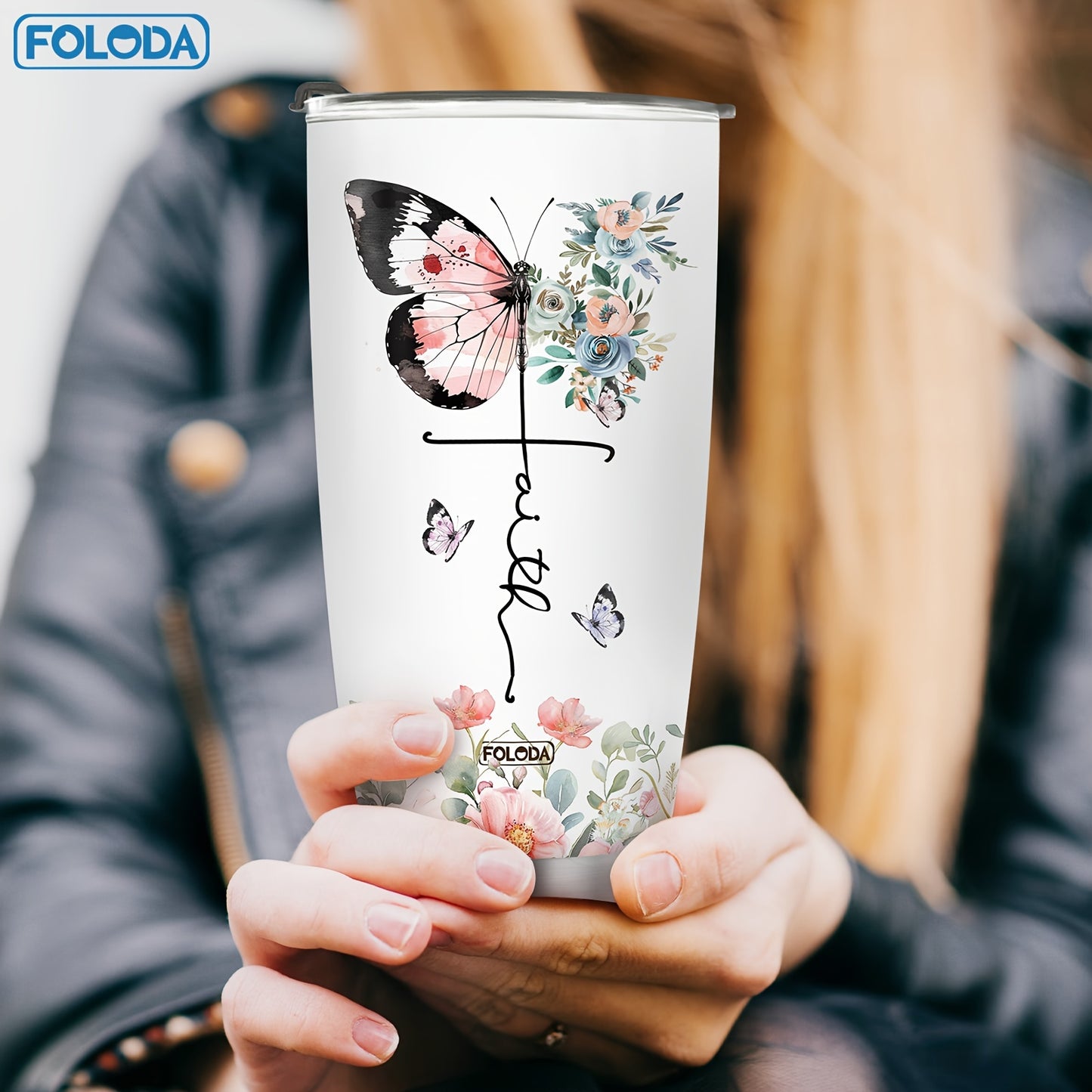 Christian gifts for women, including butterfly-themed tumblers and travel mugs, perfect for Christmas or birthdays.