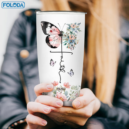 Christian gifts for women, including butterfly-themed tumblers and travel mugs, perfect for Christmas or birthdays.