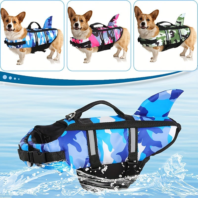 Adjustable lightweight dog life vest with rescue handle, featuring shark design for outdoor surfing and beach activities.