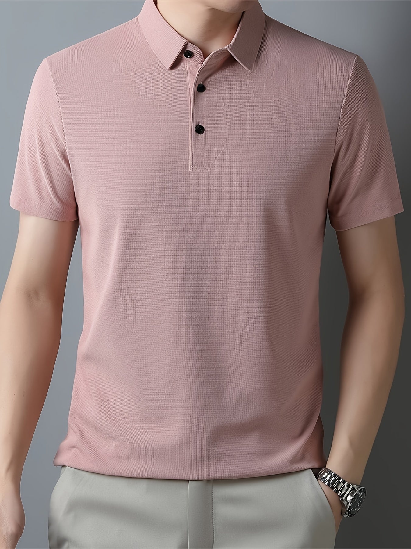 Men's Breathable Polyester Shirt - Casual Solid Color, Short Sleeve with Collar