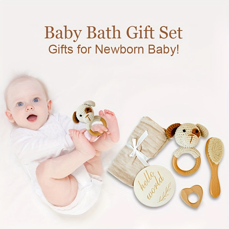 Premium Handcrafted Baby Shower Gift Set - Featuring a Handmade Crochet Dog Rattle, Luxuriously Soft Bamboo & Cotton Towel, Natural Goat Hair Brush, Eco-Friendly Beechwood Heart Toy, and Adorable 'Hello World' Card - Ideal for Children from Infancy to