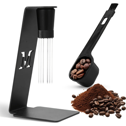 This espresso distribution tool comes with a metal stand and is made of stainless steel with a 0.4mm 8-pin coffee stirring needle. It has an adjustable range and is constructed from aluminum iron. It is safe for food contact, requires no electricity, and