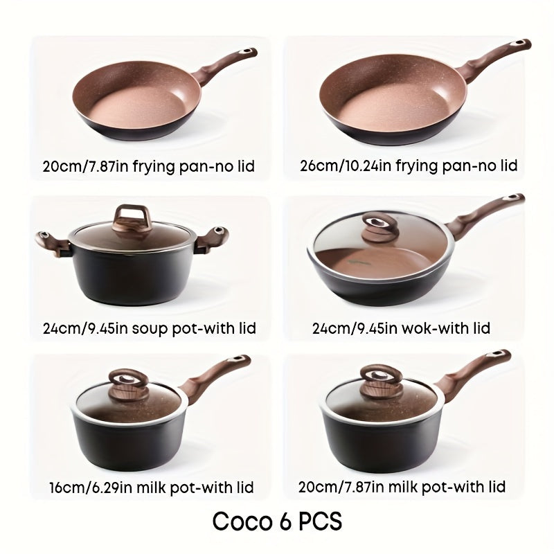 Ecowin Non-Stick Cookware Set with Lids - Includes 6 Pieces of Scratch-Resistant Aluminum Pots & Pans for All Stovetops. Set includes Milk Pot, Soup Pan, Wok, and More! Easy to Clean, Even Heat Distribution, and Versatile Cooking Options Available.