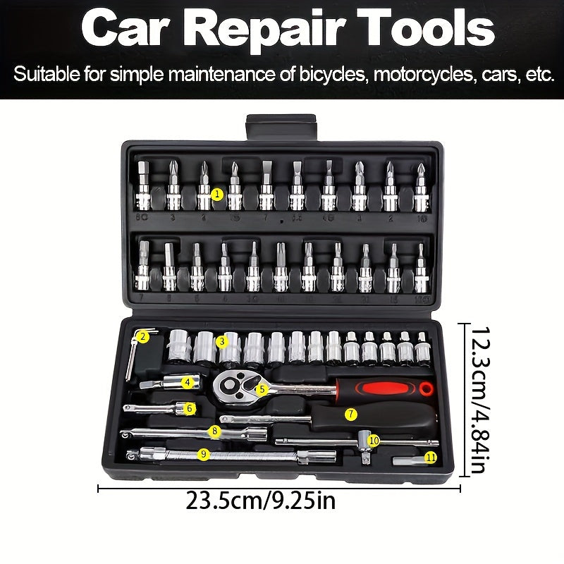 46-piece Chrome Vanadium Steel Mechanic Tool Set, includes heat-treated wrench kit, high torque, portable for car, bike, and motorcycle maintenance.