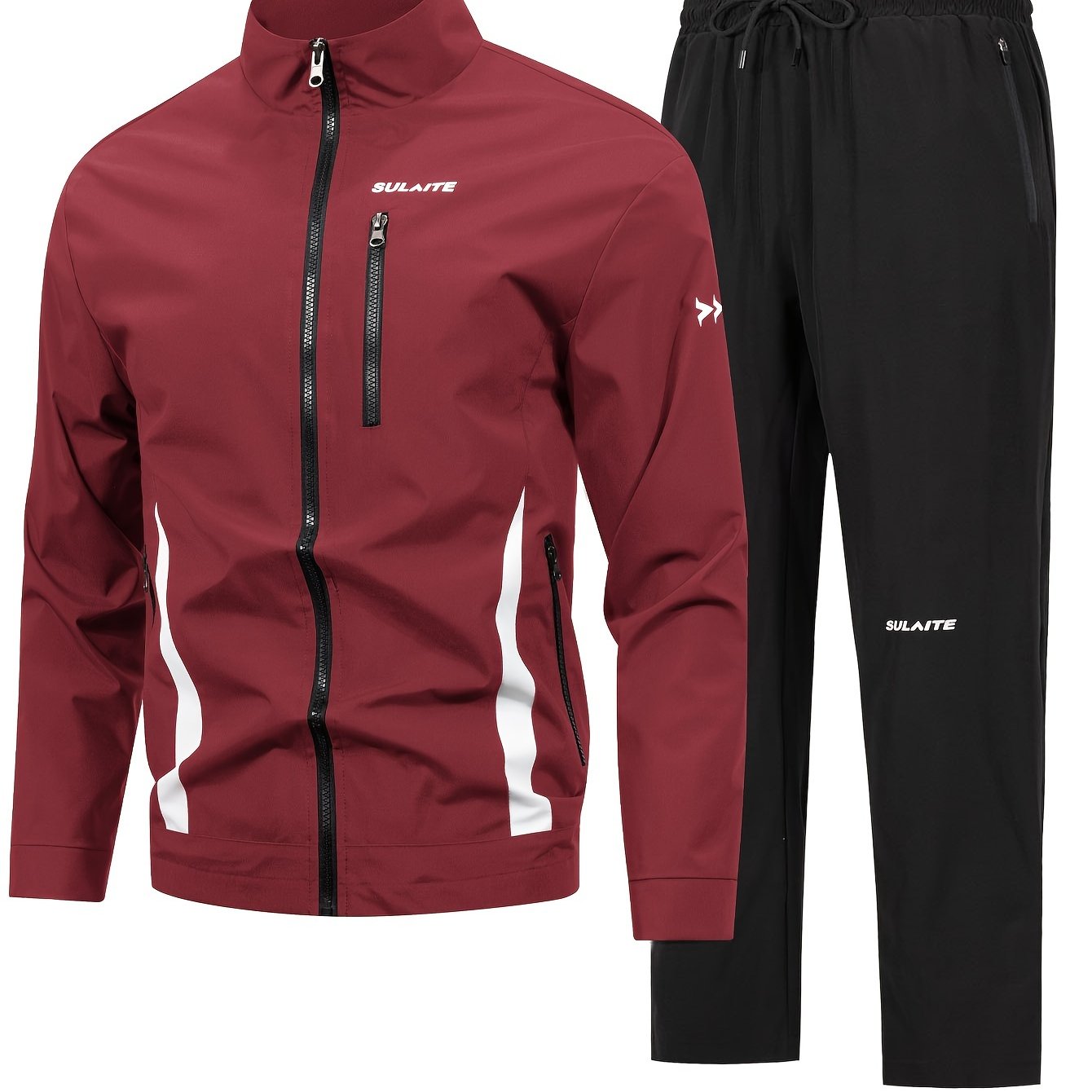 Men's athletic tracksuit set with zip-up jacket and casual pants, made of machine-washable polyester.