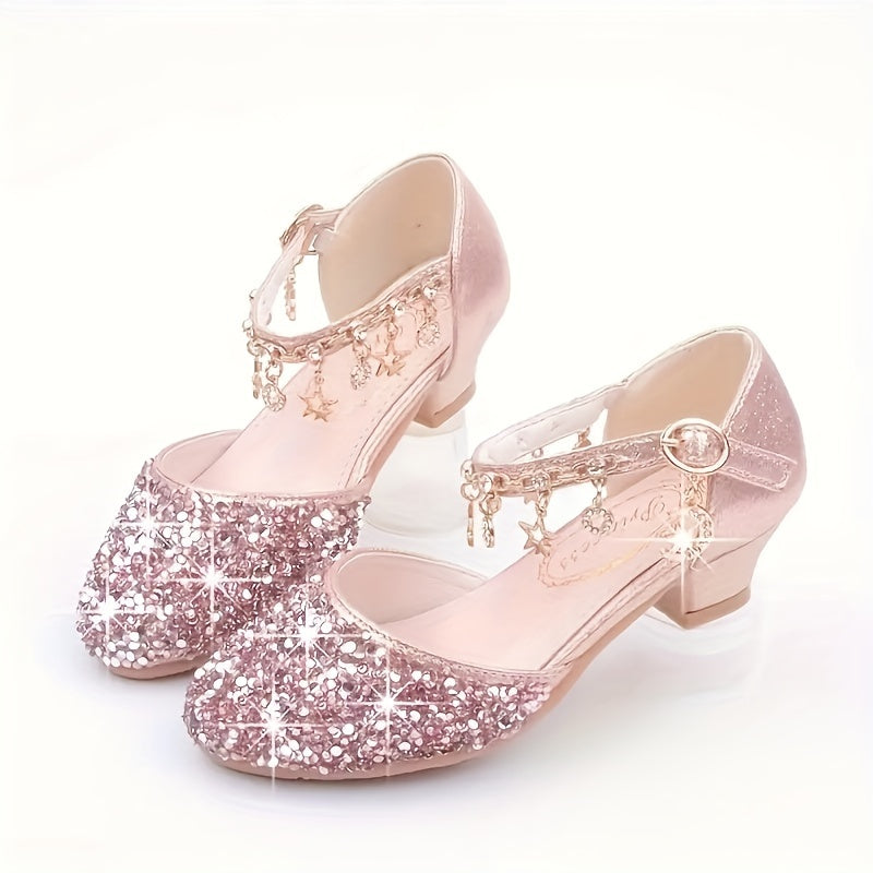 Girls' sparkling princess high heels with glittery golden sequin and rhinestone star design, perfect for weddings, performances, and formal events. Elegant ankle suspender dress shoes