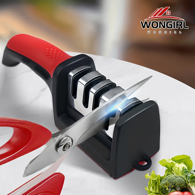 Professional 4-stage kitchen knife sharpener with tungsten, diamond, and ceramic stones.