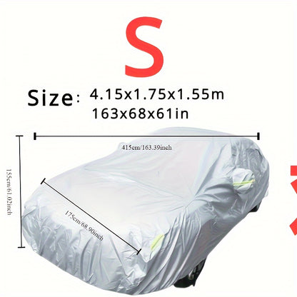 Car cover with UV and dust protection, suitable for cars, pickups, SUVs, and hatchbacks. Features reflective strip for added protection. Suitable for outdoor use.