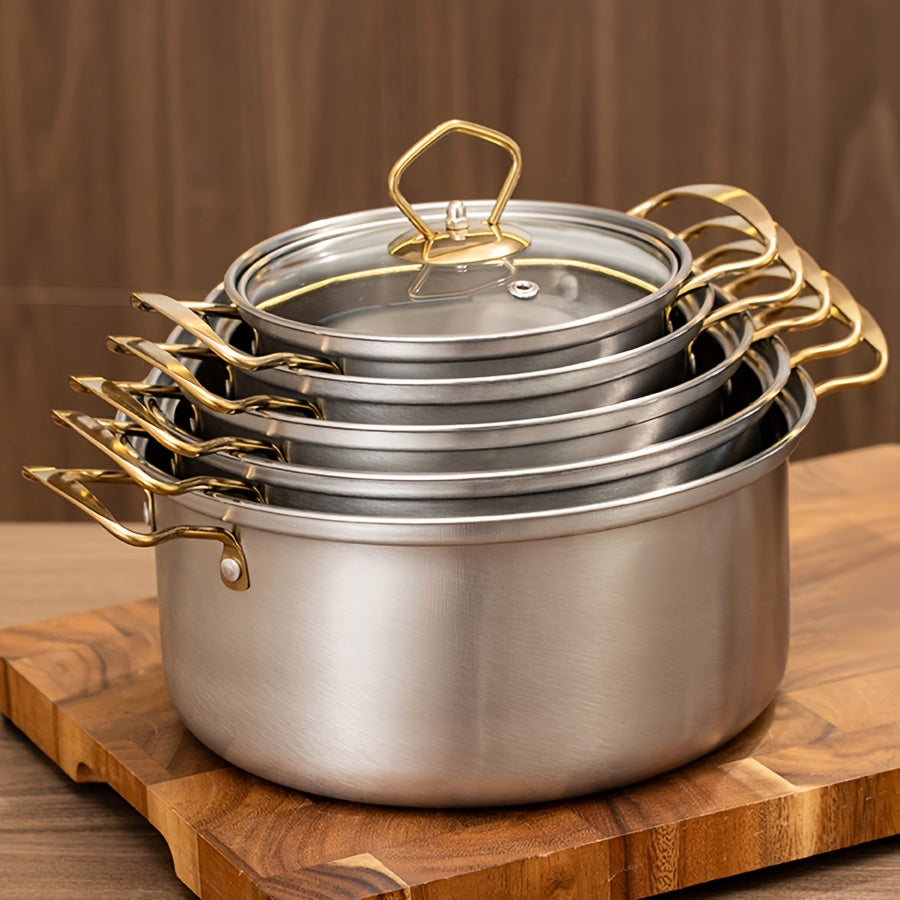 This set includes 10 stainless steel pots in various sizes (15.98cm, 17.98cm, 20.5cm, 22.2cm, and 24.18cm). Each pot comes with a matching lid, making it a total of 5 pots and 5 lids. The pots feature stainless steel double handles for easy handling and