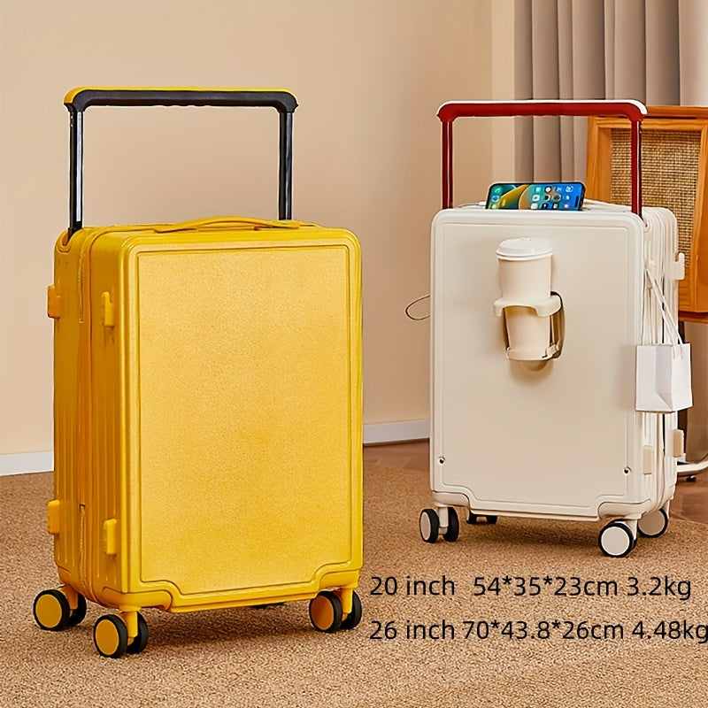 Fashionable hard shell luggage with aluminum handle, TSA lock, cup holder, USB port, spinner wheels, and laptop sleeve. Made of PC material with zipper closure.