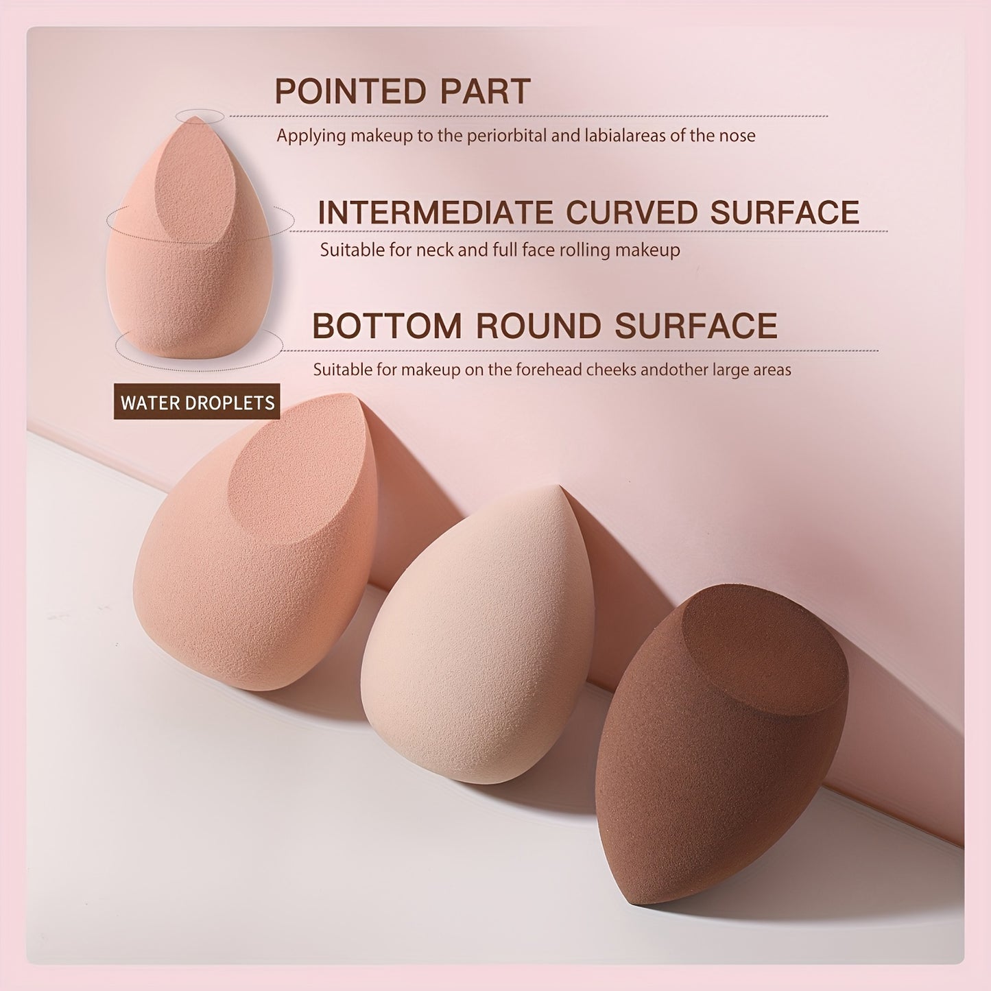 Set of 3 makeup sponges for dry and wet use, expanding egg-shaped cosmetic sponges for foundation and concealer application.