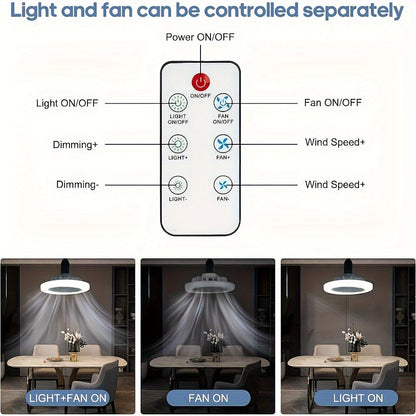 Smart Dimmable LED Ceiling Fan Light with Remote, featuring a 360° Rotatable E27 Base for maximum flexibility. Enjoy high-velocity air circulation with 3 adjustable speeds, and choose from a color temperature range of 3000K-6500K. This versatile light is