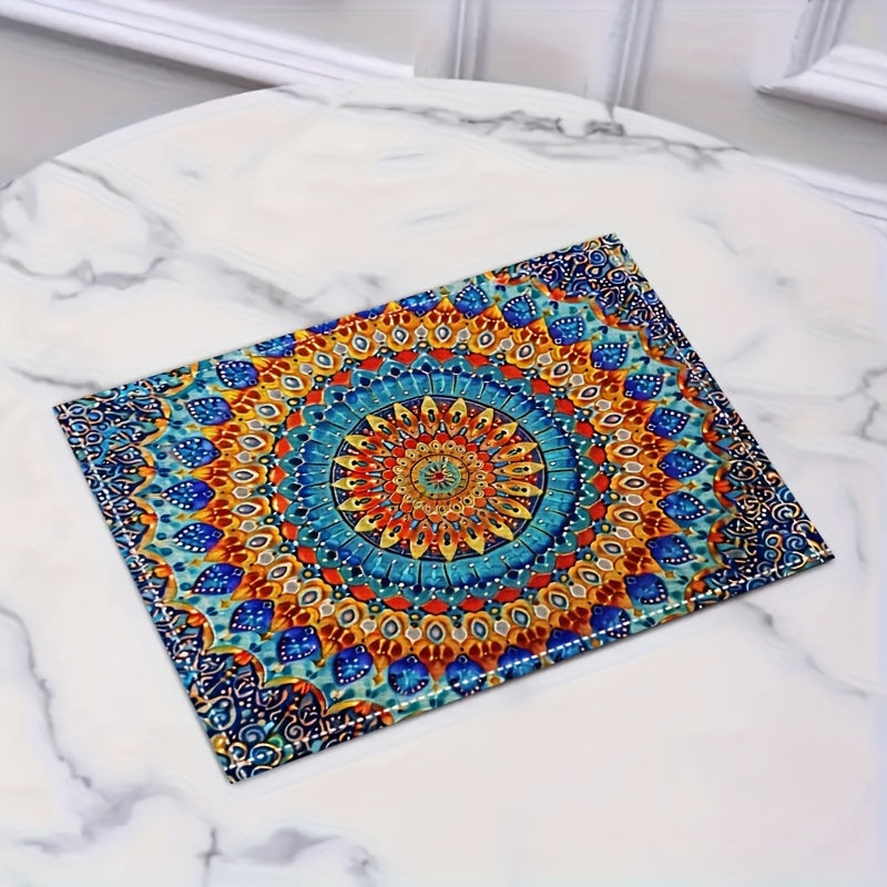 4 Mandala-style placemats with a Persian Bohemian design, heat resistant and washable, suitable for home and restaurant use.