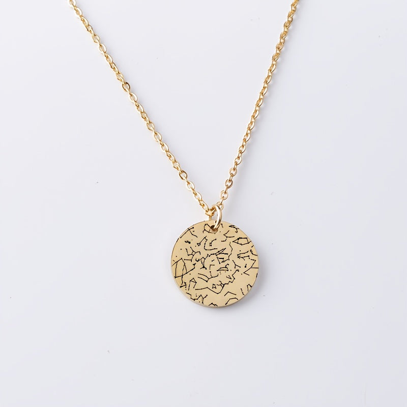 This stunning Star Map Pendant Necklace is custom-engraved and crafted from high-quality 18K Golden Plated 304 Stainless Steel. Elegant and alluring, it is the perfect accessory for daily wear and makes for a thoughtful gift. Ideal for celebrating