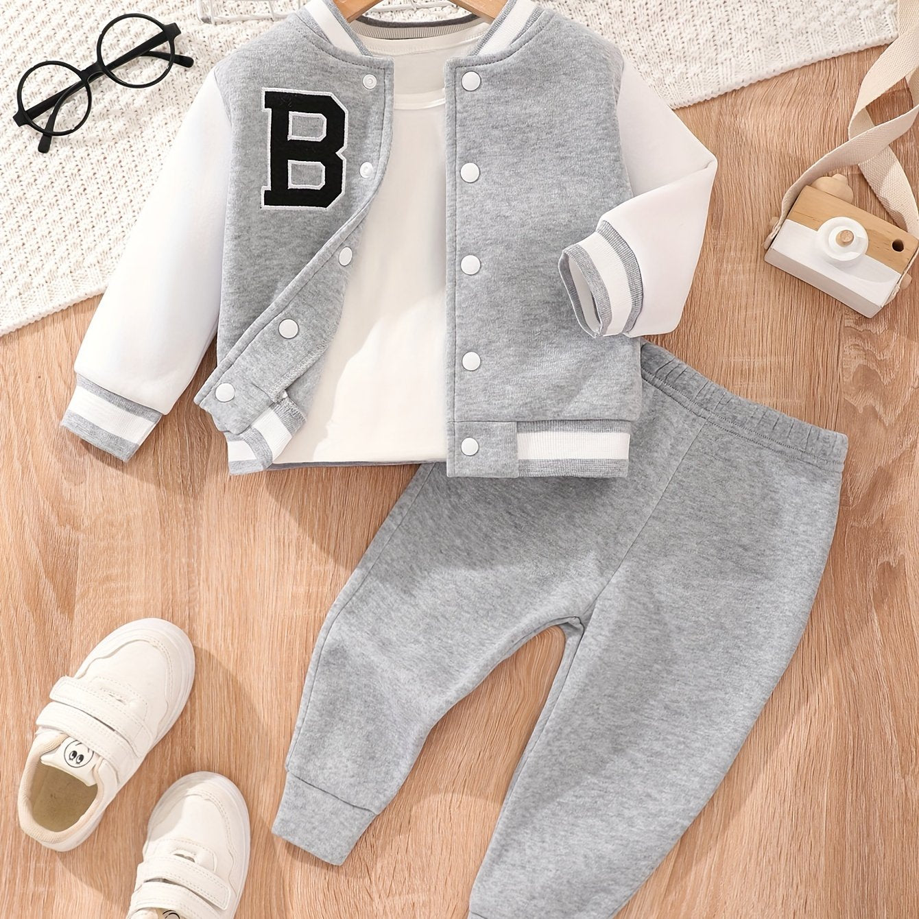 Baby boys' baseball jersey set with letter pattern, including coat top and pants for winter/fall outdoor wear.