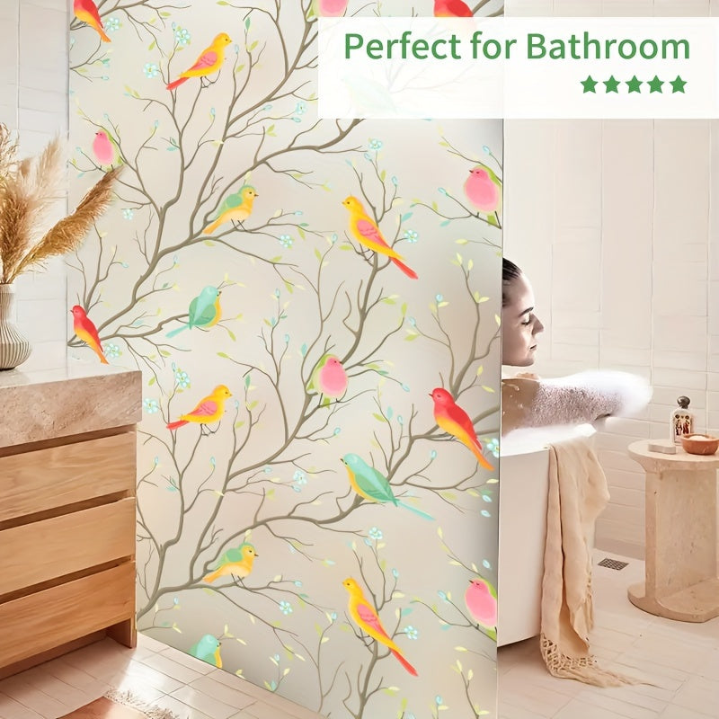 4mil Thick Elegant Bird & Branch Design Frosted Window Film with Static Cling for Privacy and Anti-Glare - Ideal for Kitchen, Bathroom, and Office Sliding Doors.