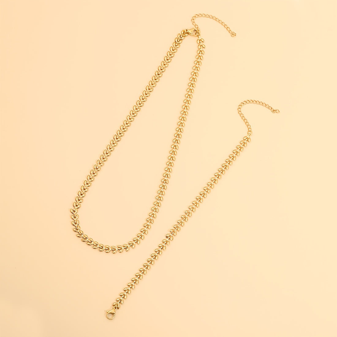 Stunning 18K Gold Plated Stainless Steel Wheat Sheaf Necklace Set for Women - Elegant Chain Necklace and Bracelet Duo perfect for Everyday Wear, a Romantic Valentine's Day Present, and Versatile for All Seasons