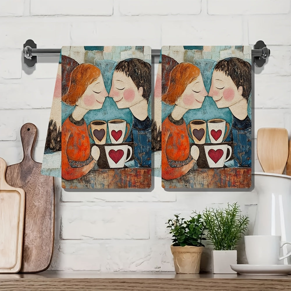 Enjoy the cozy charm of these two ultra-soft kitchen towels, adorned with a delightful design of two people sharing a coffee shop moment. With heart-printed mugs in hand, they smile warmly at each other, creating a festive and inviting atmosphere. These