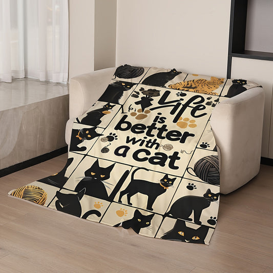 Modern Black Cat Cartoon Print Throw Blanket, Lightweight Polyester Knitted Throw for All Seasons, Ideal for Sofa, Bed, Office, Camping, Travel, Home Decor - Multi-Colored