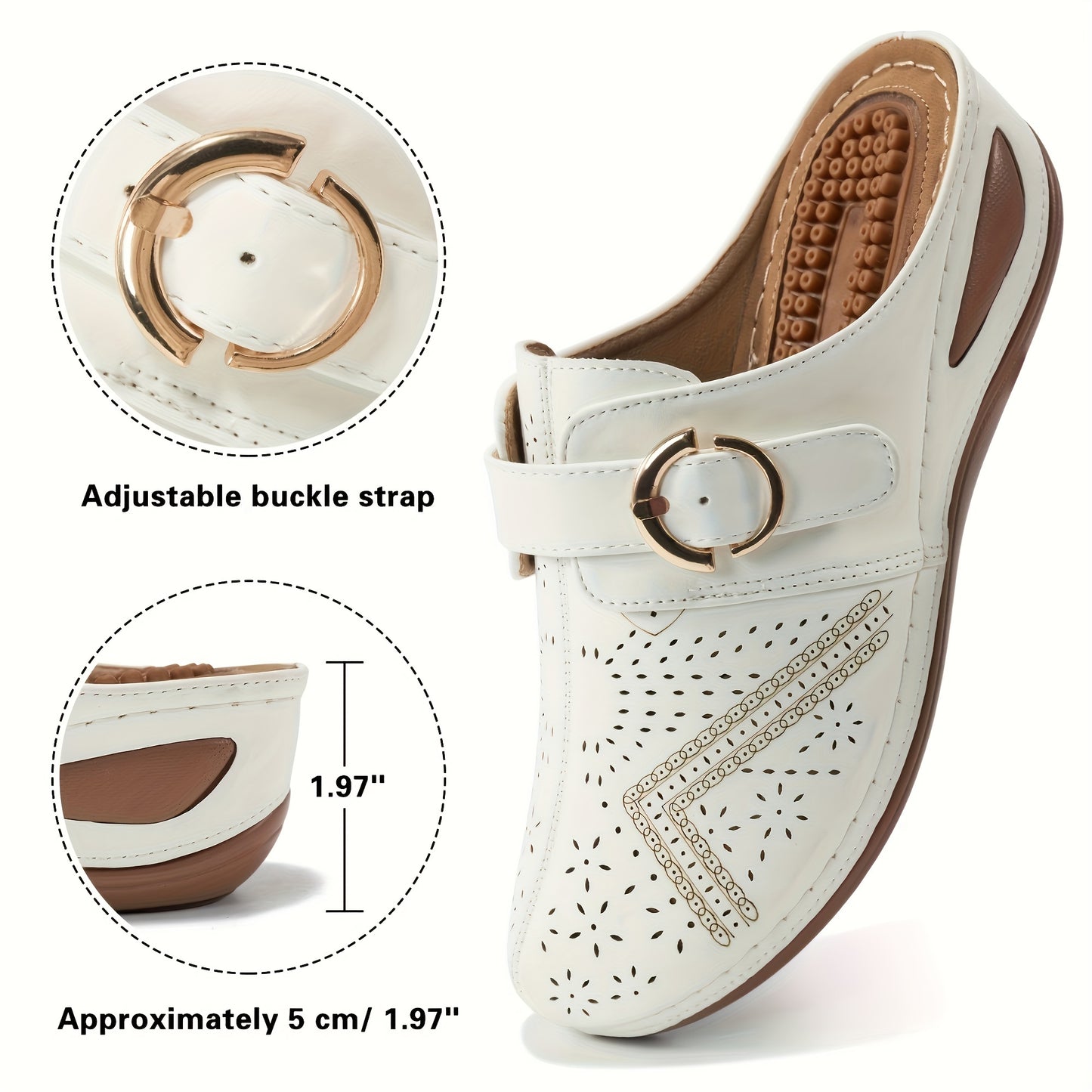 Women's trendy wedge clogs with closed toe and buckle strap decor, casual outdoor slide sandals.