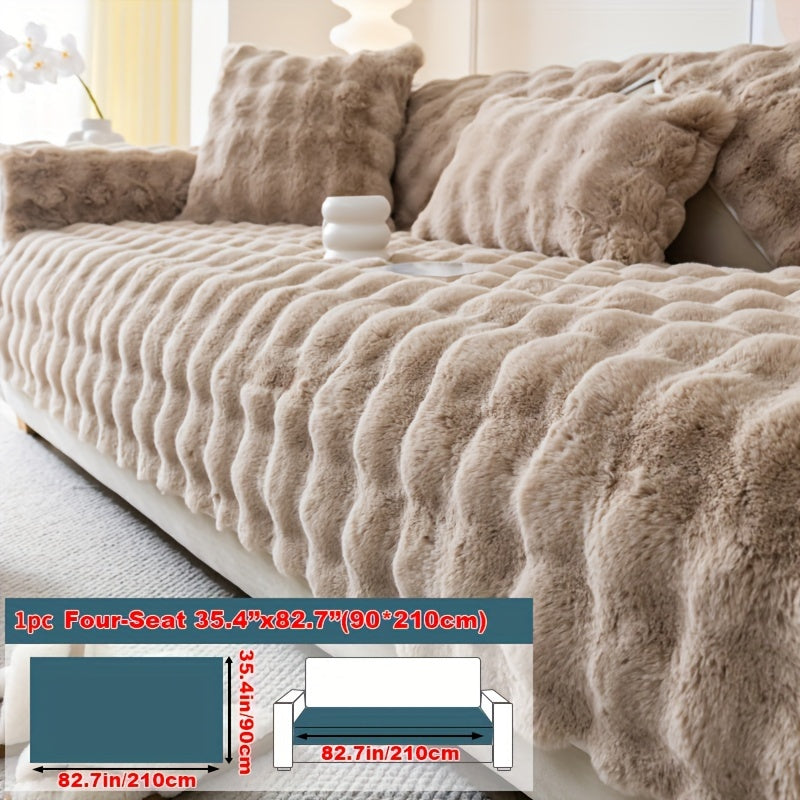 Winter plush faux fur sofa cover for pet-friendly non-slip protection, suitable for sofas up to 4 seats. Machine-washable polyester slipcover for home and office decor, making a cozy Christmas gift.