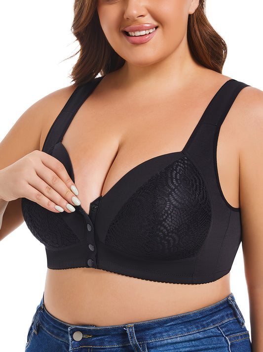 Wireless plus size lace bralette with front closure for women, full coverage, comfort fit, and non-removable pads