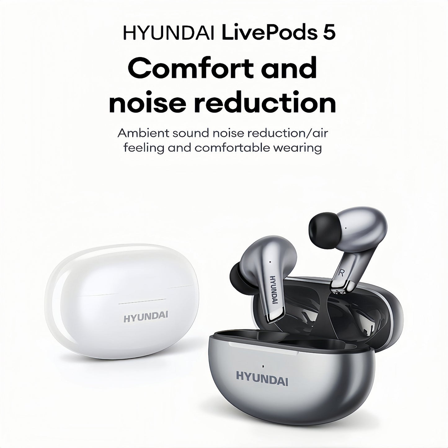 HYUNDAI LP5 Wireless In-Ear Headphones with Ambient Sound, Noise Reduction, Touch Controls, Type-C Charging, Perfect for Travel.