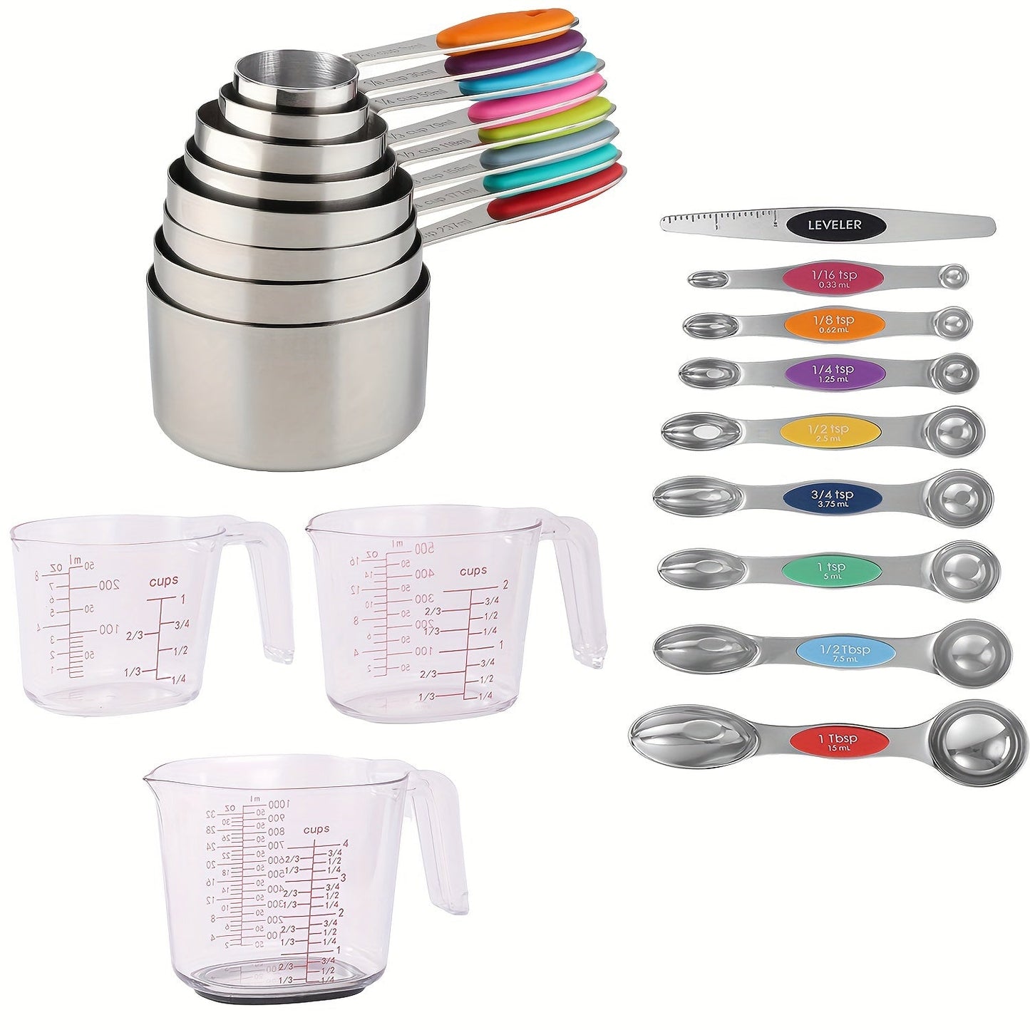 Set of 20 stainless steel measuring cups and spoons with double-sided magnetic measuring spoons, plastic measuring cups, and a leveler - essential baking and cooking utensils