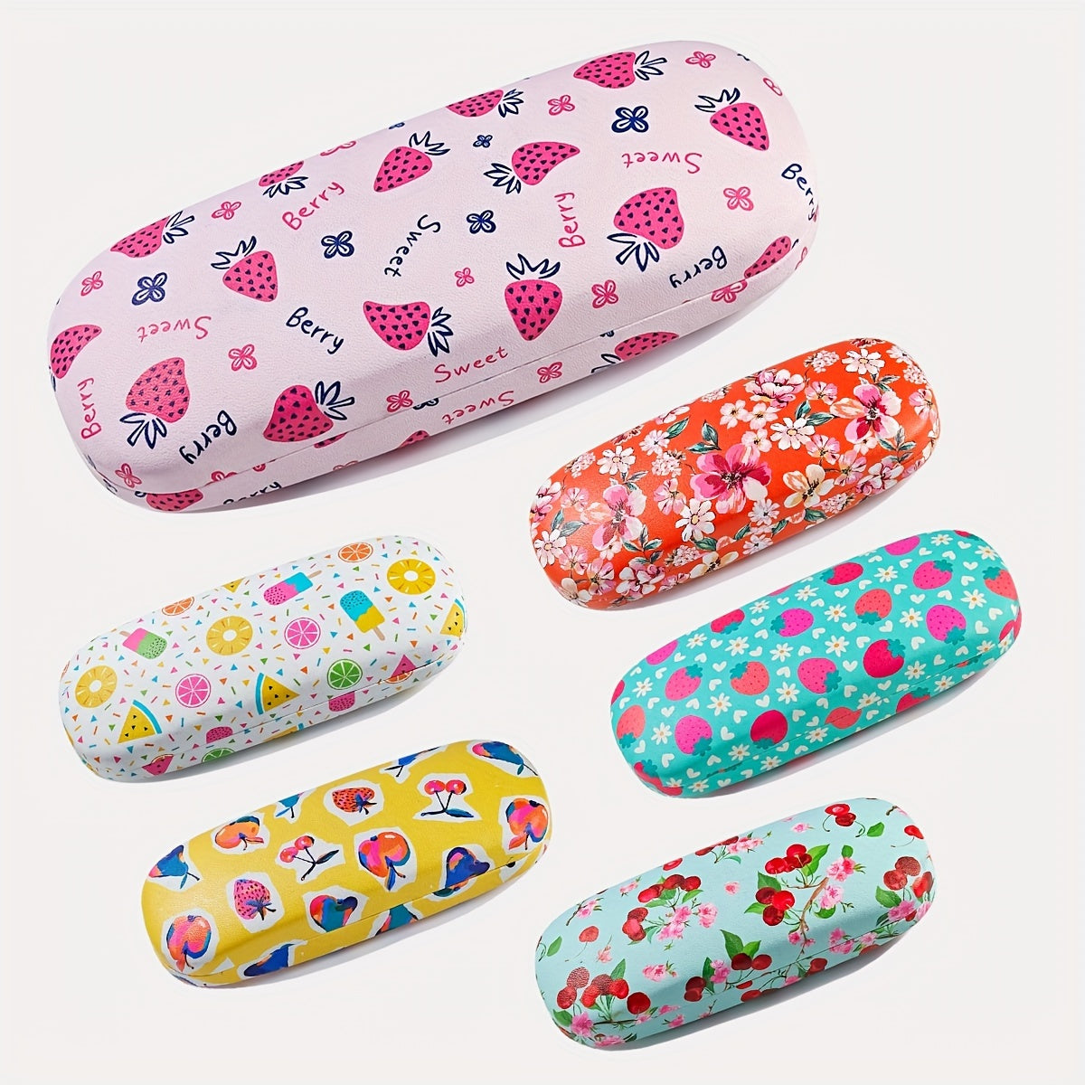 Hard shell portable eyeglasses case with fruit flower design, suitable for both men and women, perfect for sunglasses or reading glasses.