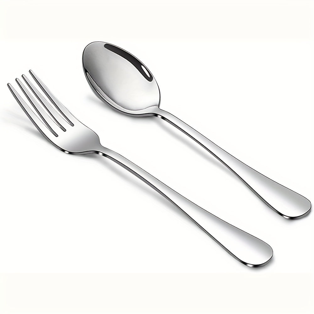 Set includes: 2 pieces - 1 fork and 1 spoon / 6 pieces - 6 forks and 6 spoons. Features salad forks and dinner spoons, mirror polished finish. Safe for dishwasher. Ideal for home, restaurants, and parties.