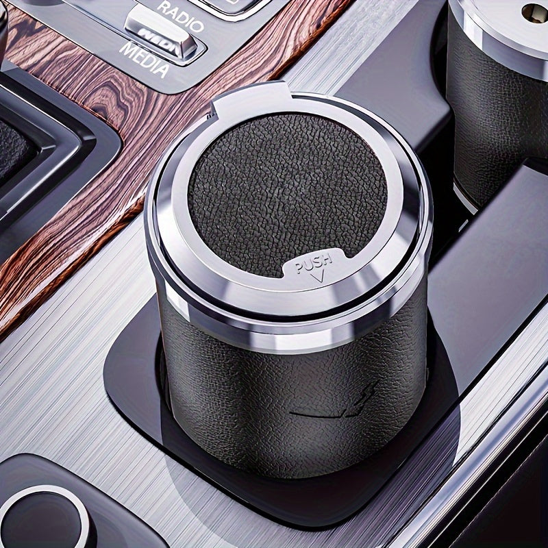 Car Ashtray with PU leather, anti-flying ash design, LED automatic lighting, replaceable battery, premium feel. Ideal for preventing ash from falling and organizing car interior