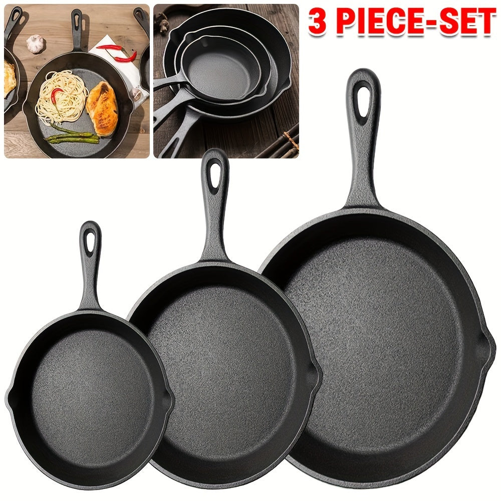 Three-piece Set of Cast Iron Frying Pans - Non-Stick, Oven Safe, Suitable for Indoor & Outdoor Use, Hand Wash Only - Includes 17cm, 21cm, and 26cm Cookware