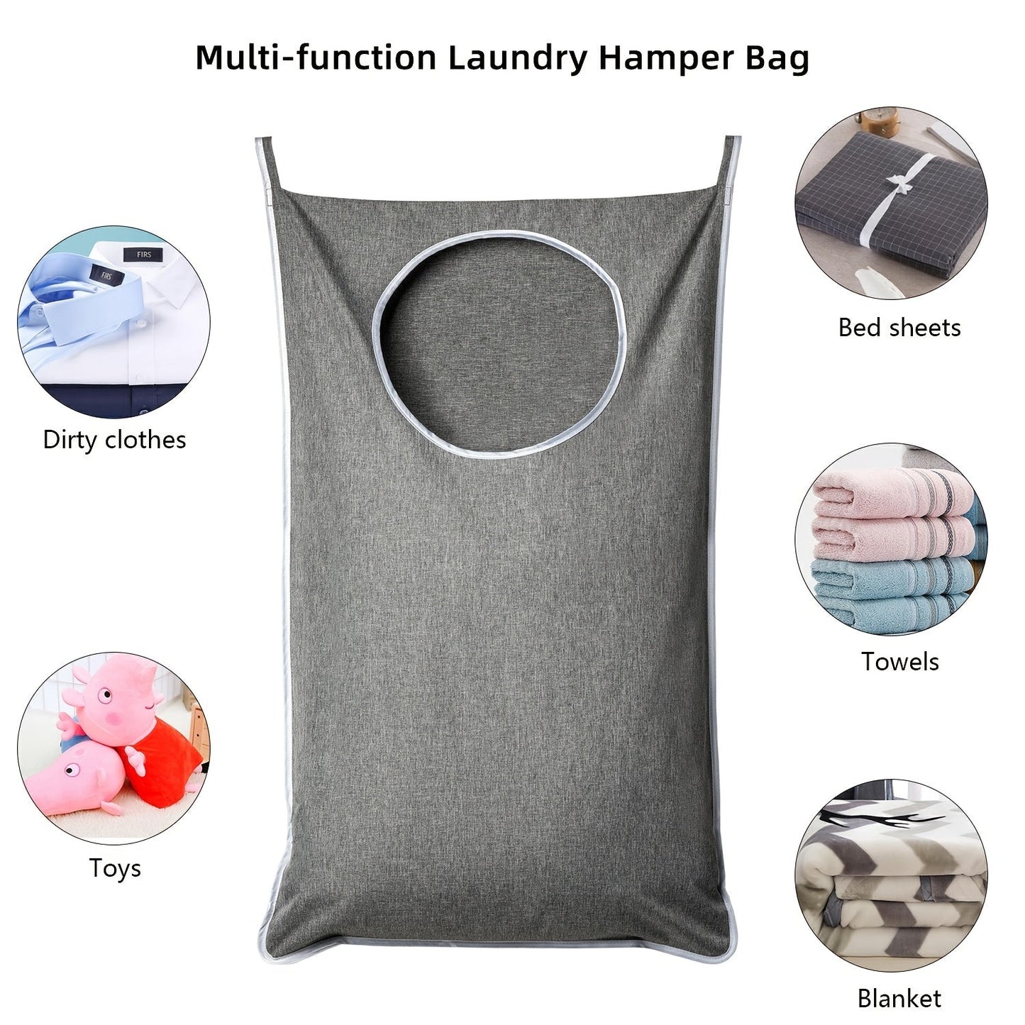 Extra Large Door Hanging Laundry Hamper Bag with Two Types of Hooks, Large Opening for Whole Family's Dirty Clothes, 36.5X22.5 Inches, Grey/Blue/Black