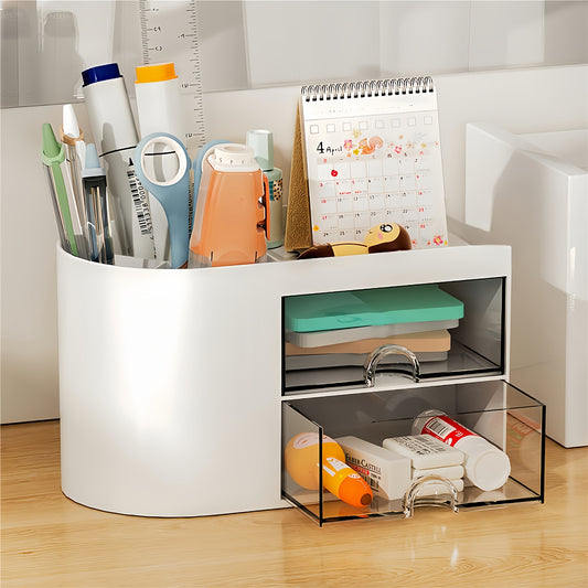 Desk organizer with dual drawers, pen holder, cosmetic and jewelry storage. White plastic design for office supplies, makeup, and gifts.