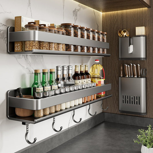 Wall-mounted spice rack made of stainless steel. Can also be used for storing condiments. No need for punching holes or using nails. Can hold up to 15kg. Perfect for the kitchen and dining area. Comes with spice containers.