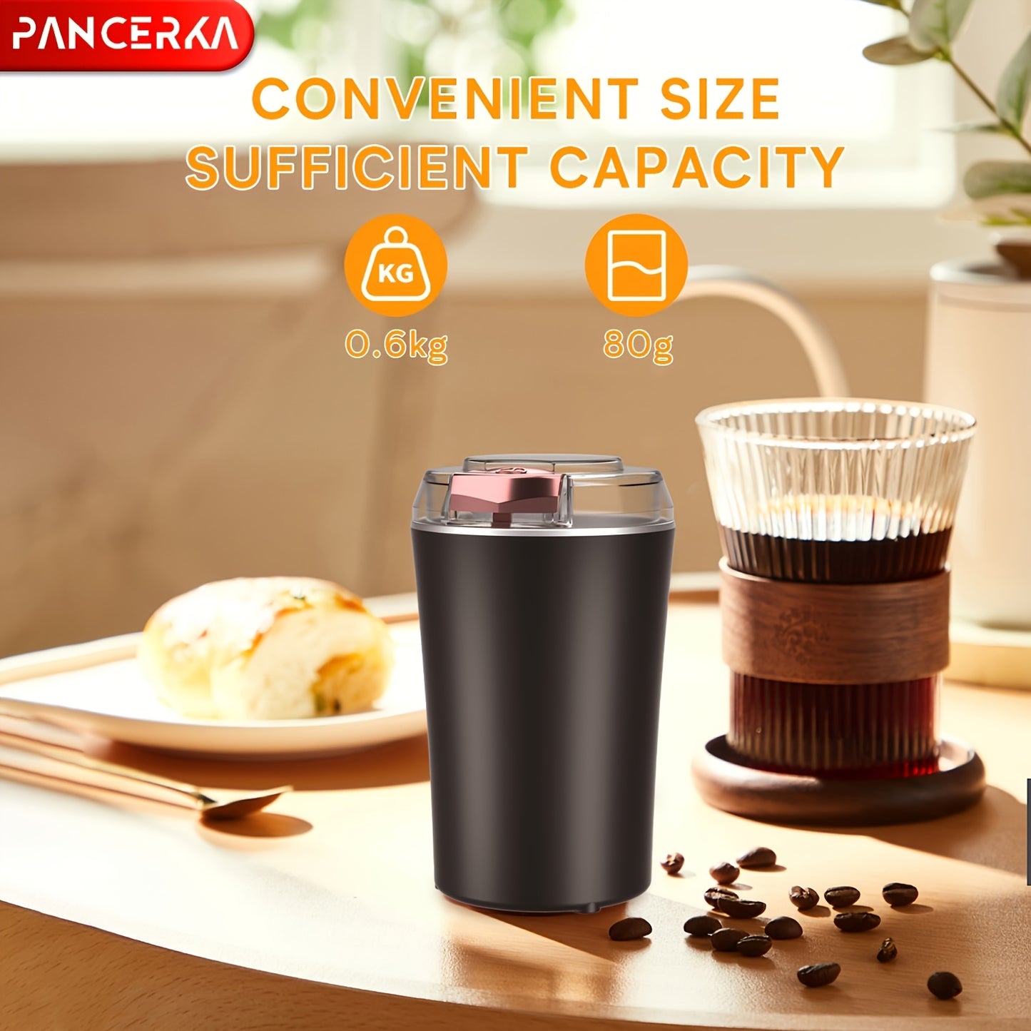 The PANCERKA Electric Coffee Grinder features a large capacity, stainless steel blades, one-touch operation, transparent lid, and a compact design with a safe locking system. It is easy to