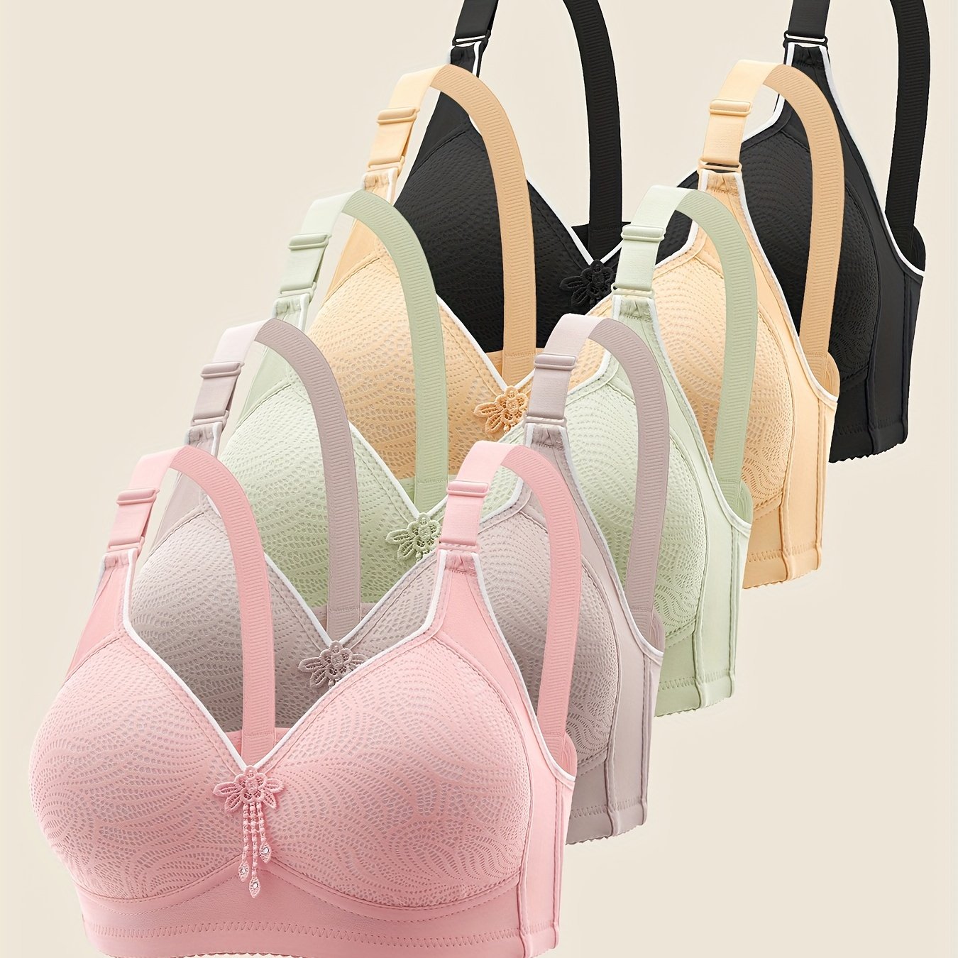 5-pack of printed wireless bras with adjustable straps, no underwire, assorted colors