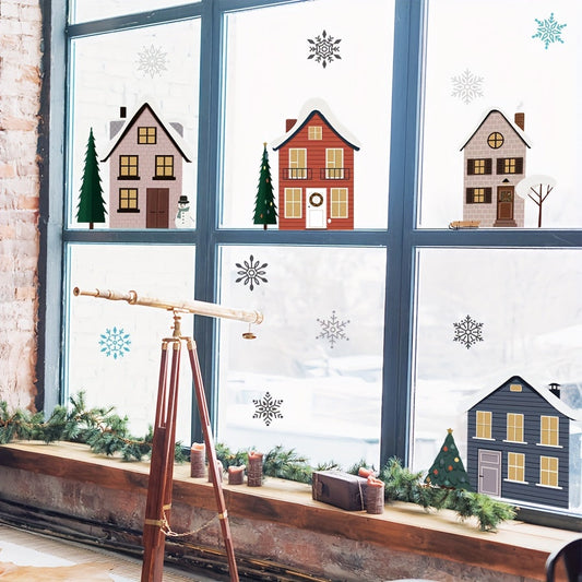 One pack of modern Christmas window clings featuring a watercolor house and snowflake design. Made of semi-matte PVC, these clings are self-adhesive, detachable, and designed for single use. Perfect for adding a festive touch to your home or kitchen