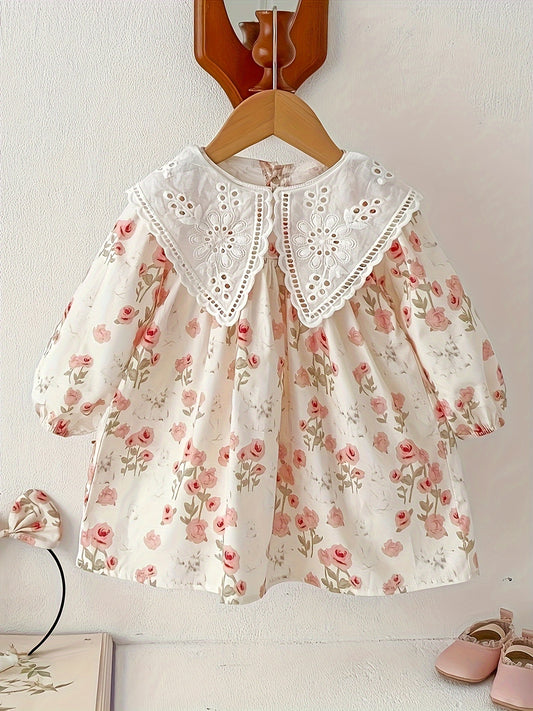 Stylish floral long-sleeve cotton dress with pleated detail, perfect for casual spring and fall wear, machine washable.