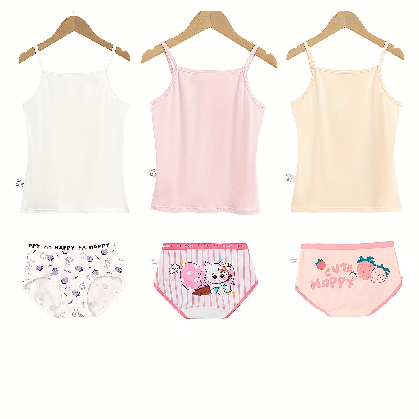 3-piece girls' cotton underwear set featuring cute cartoon tank tops and briefs, suitable for all seasons with a breathable comfort fit.