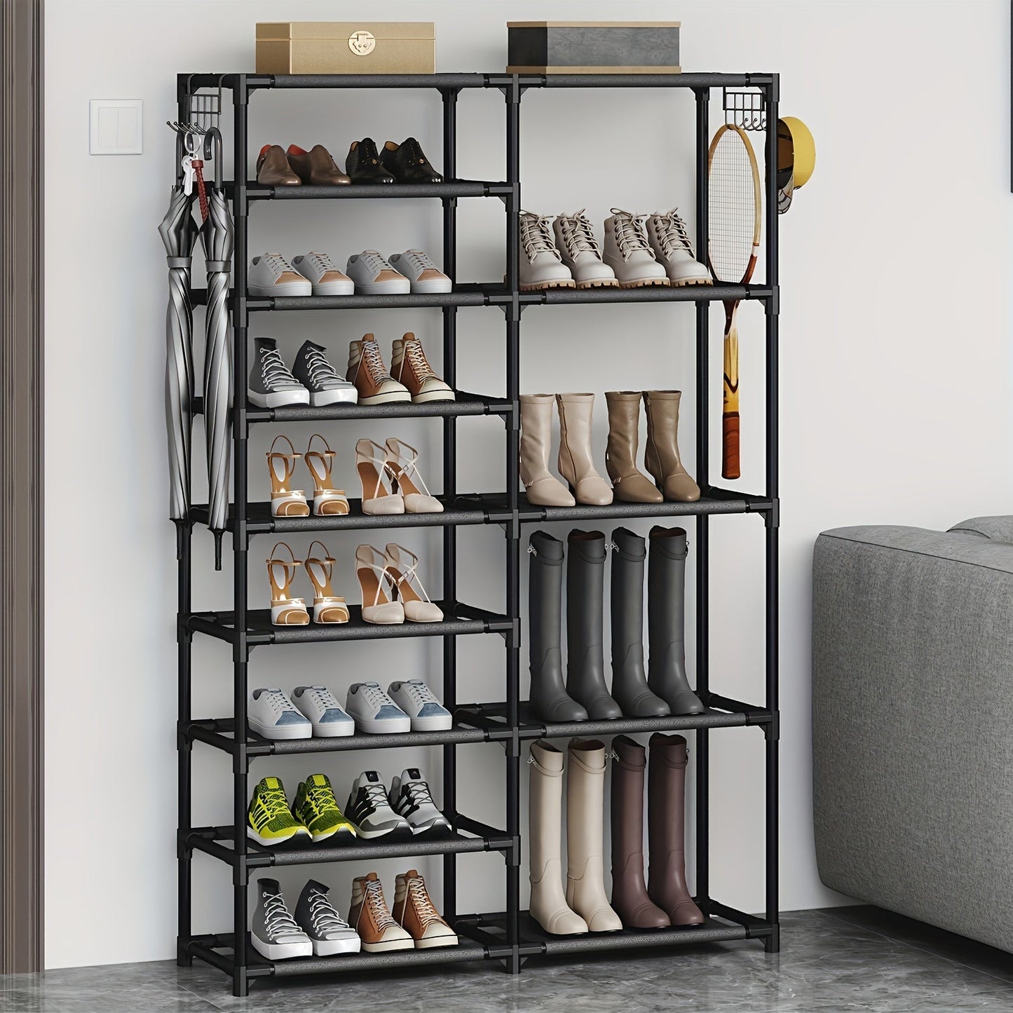 Shoe Rack Organizer with 9 Tiers, Large Capacity Garage Shoe Rack, Vertical Free Standing Design, Heavy Duty Boot Rack with Two Rows of Hooks, Multifunctional Storage for 24-35 Pairs of Shoes. Color: Black.