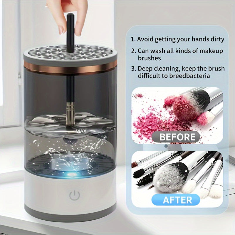 Electric makeup brush cleaner and dryer machine with USB power and universal silicone cap for all brushes, providing fast cleaning and drying for home use.