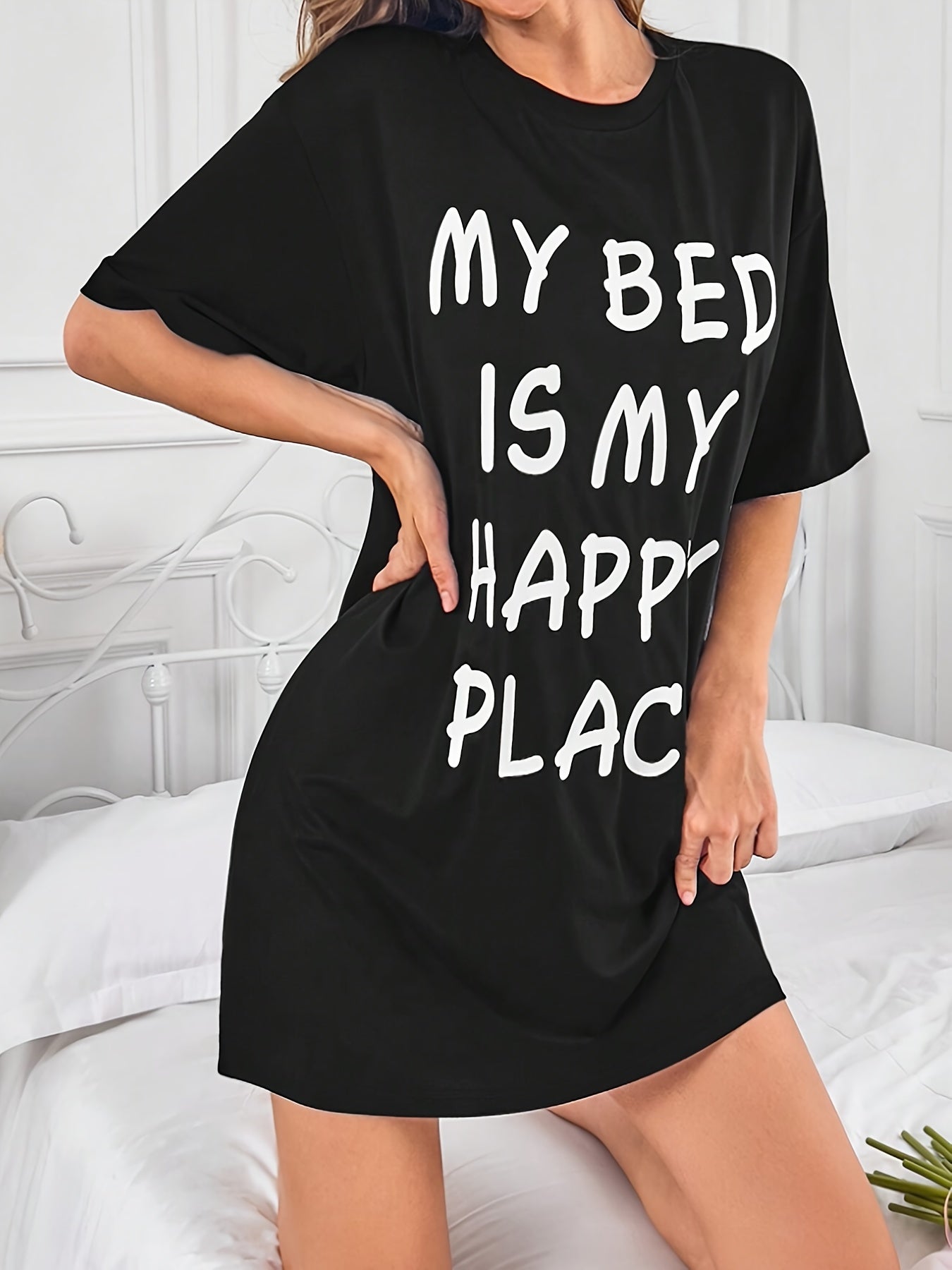 Casual sleepwear dress with slogan print, short sleeves, and round neck for comfortable nightwear.