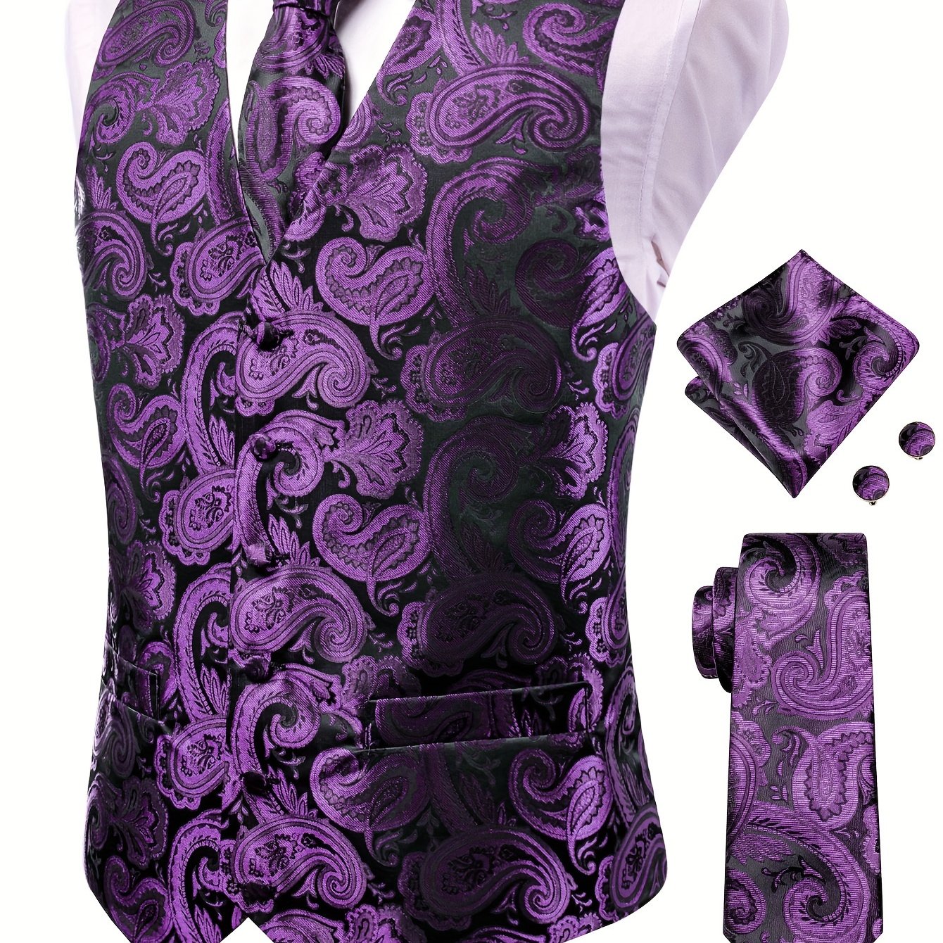 White paisley pattern accessories for big men: waistcoat, necktie, hanky, and cufflinks