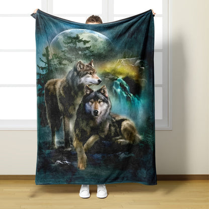 Stylish Glam Wolf Moon Green Plush Throw Blanket, Soft Hypoallergenic Fleece with Wolf Theme Décor, Made from Knitted Polyester, Requires Dry Cleaning, Versatile All-Season Throw with Special Decorative Details