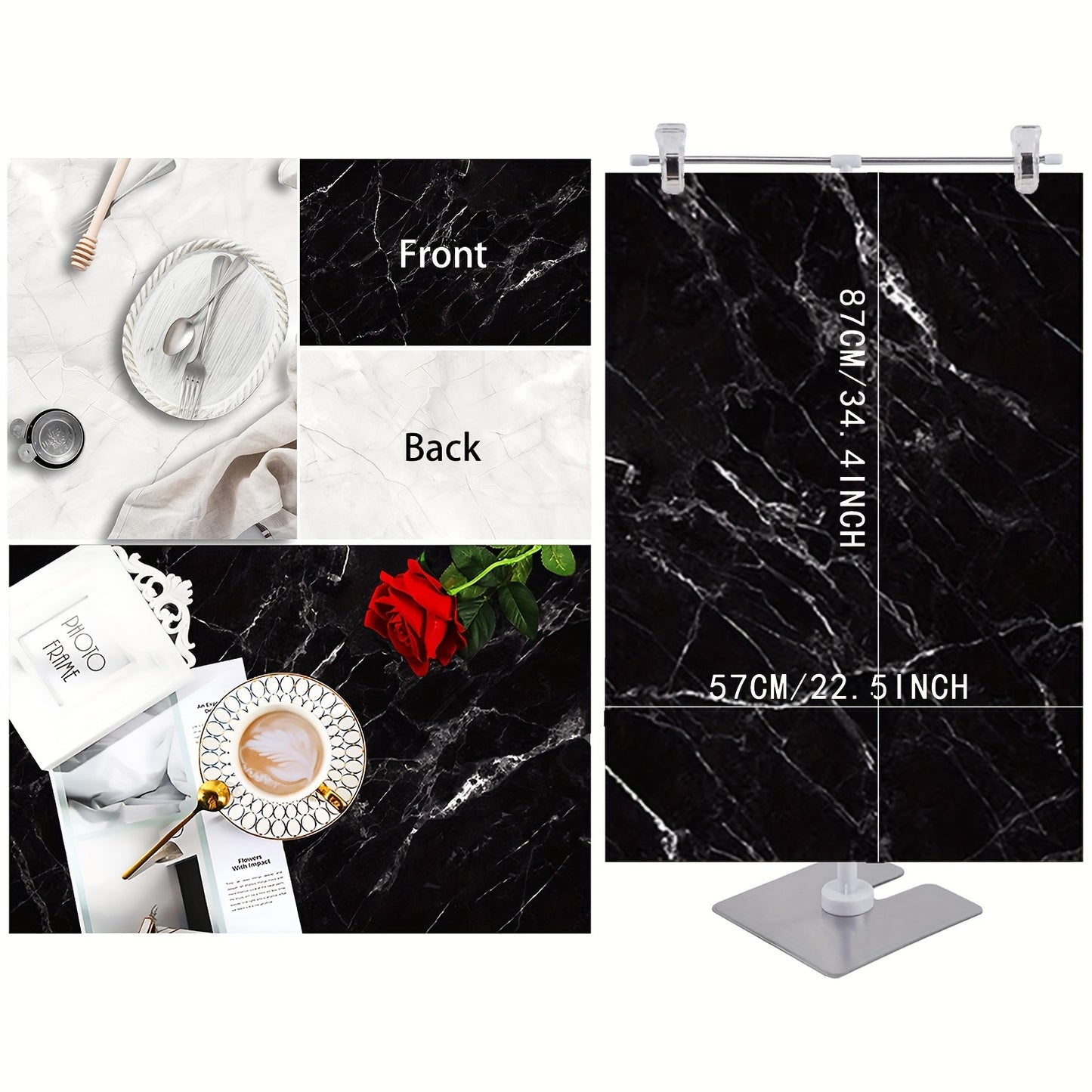 5 pieces of large 87x57cm marble wood cement product background paper with 10 patterns for food photography. Double-sided for tabletop backdrops.